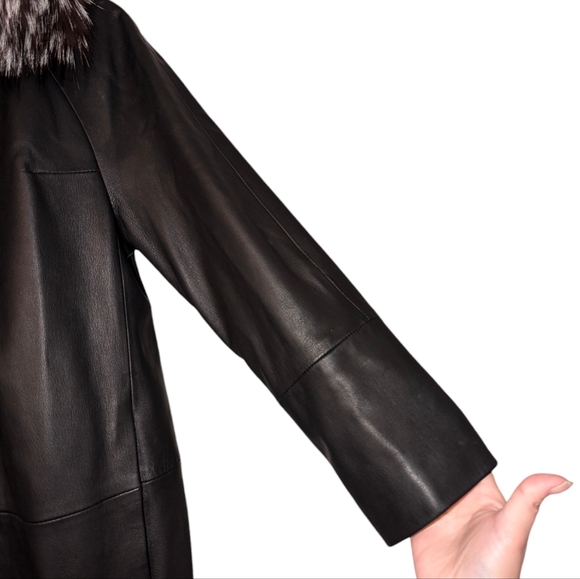 Lamb Fox Fur Collar Genuine Leather Brown Button Front Tunic Jacket Coat Small - Picture 6 of 12